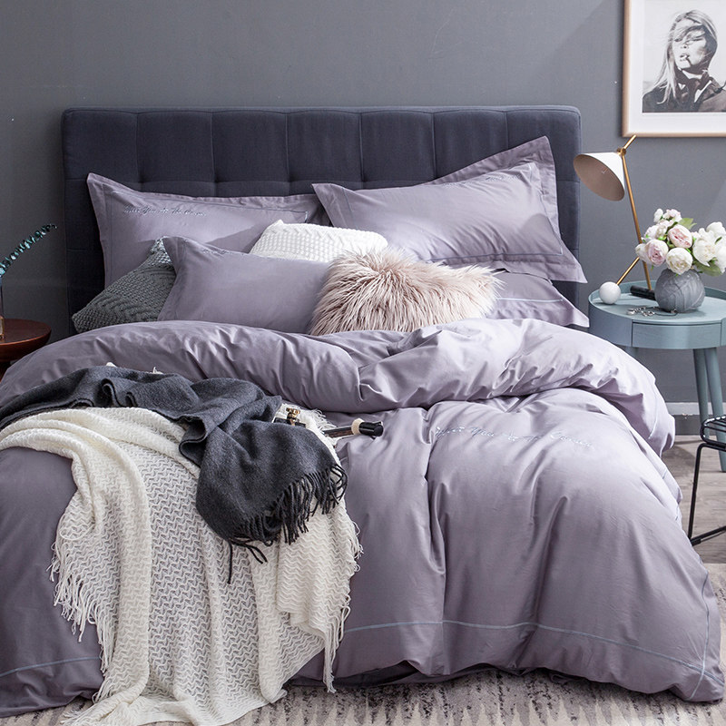 全棉纯色四件套简约纯棉刺绣素色双人被套1.8m床单1.5m2.0米床品