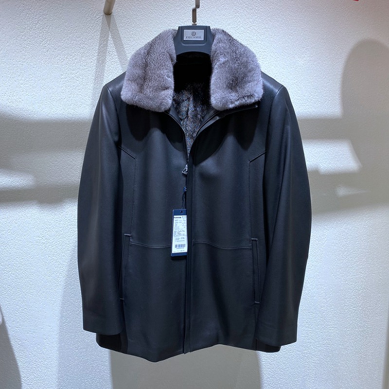 方仕黑色羊皮水貂白鹅绒男士皮草
