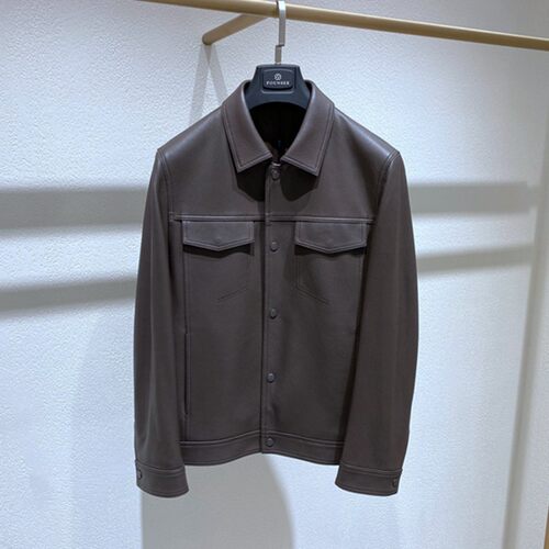 方仕春秋咖色羊皮通勤男士皮衣