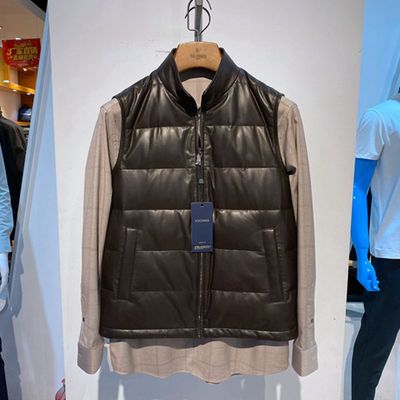 羊皮白鹅绒方仕立领男士皮羽绒