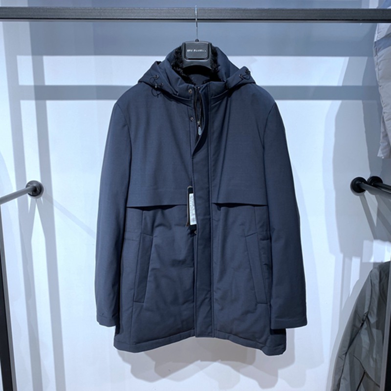 依文立领拉链鹅绒中长男士羽绒服