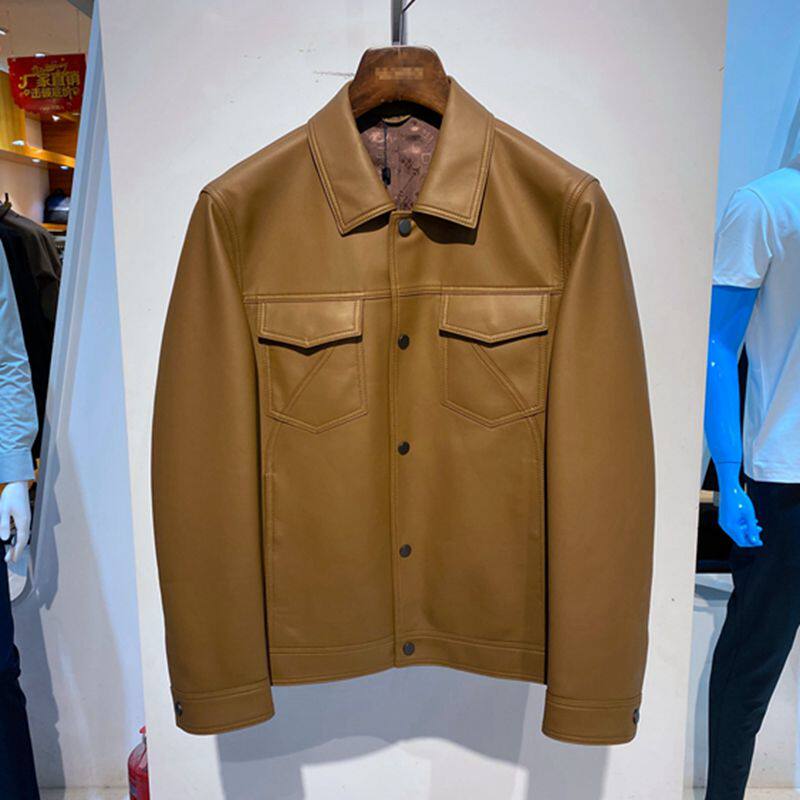方仕 春秋装 翻领单排扣 羊皮 驼黄亚光 百搭休闲 真皮男士单皮衣