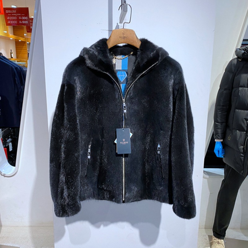 冬装蓝灰连帽拉链水貂男士皮草