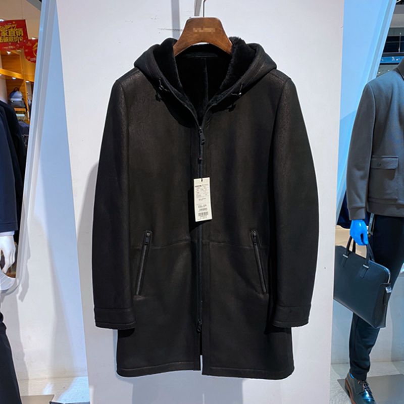 方仕黑色连帽羊皮毛一体男士皮草