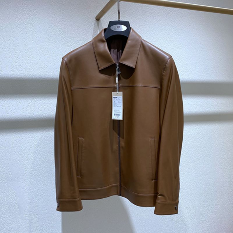 26秋冬新品 方仕 棕驼色 翻领拉链 羊皮真皮 百搭通勤 男士单皮衣