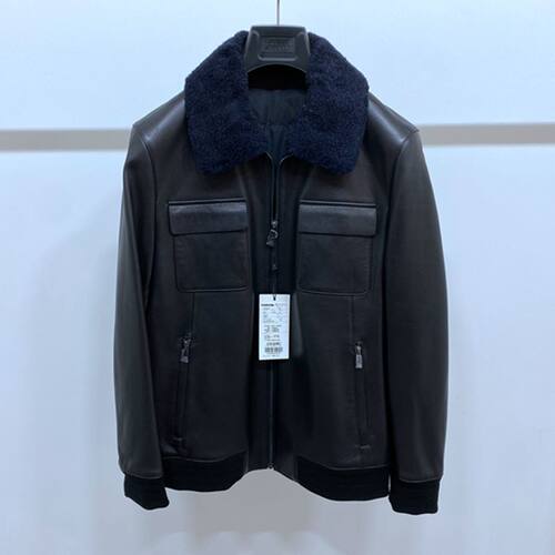 黑色太平貂毛领翻领男士皮棉服