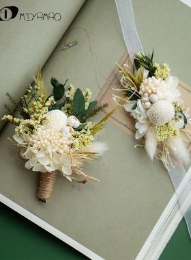 森系绿色户外婚礼伴郎胸花新郎结婚襟花伴娘真花永生花手腕花父母