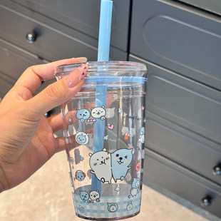 卡通自嘲熊酷儿贴贴透明水杯ins高颜值diy大容量塑料杯可爱吸管杯