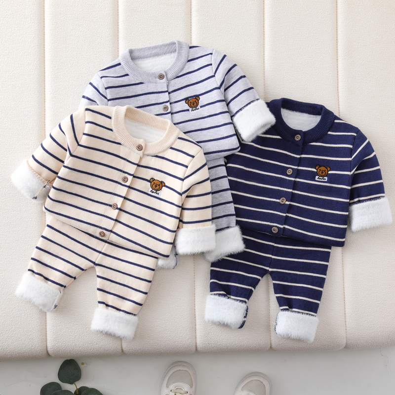 小宝宝纯棉开衫针织毛衣一体绒分体套装新生幼儿男童女童秋冬保暖