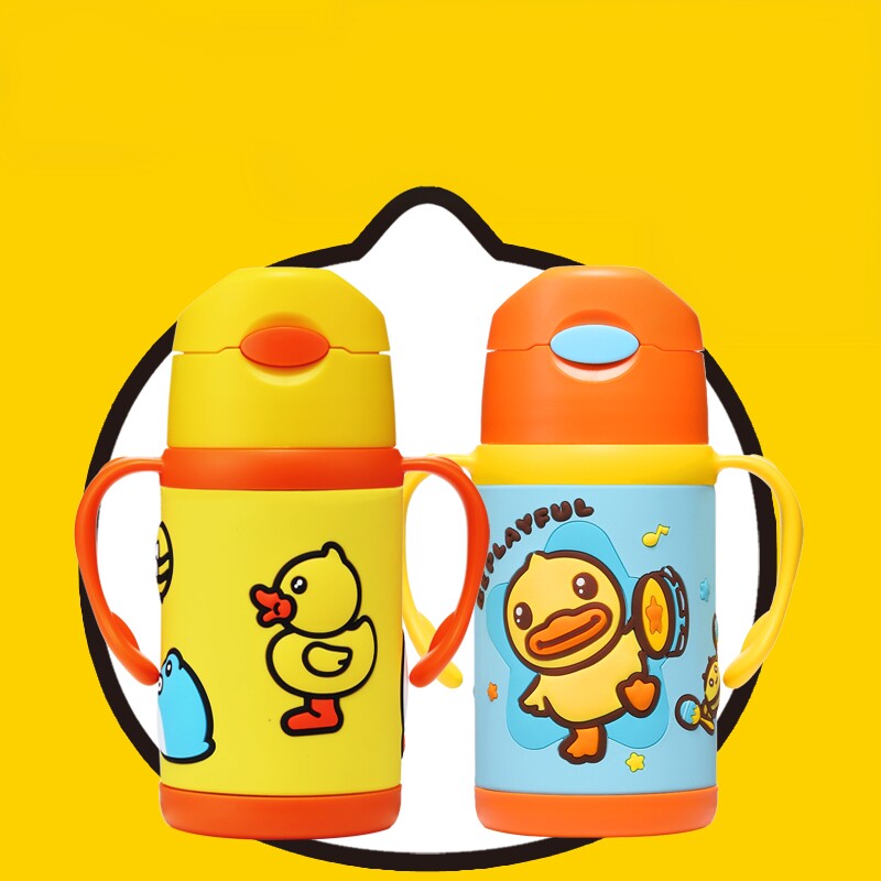 B.Duck小黄鸭儿童保温杯带吸管男女宝宝不锈钢水壶防漏防呛喝水杯