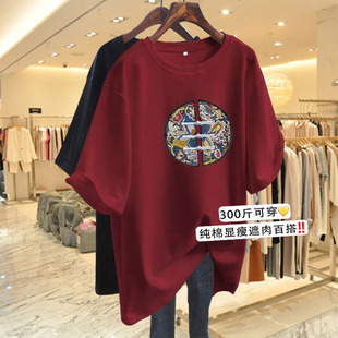 300斤胖MM大码新中式国风盘扣短袖T恤女夏季新款中长款纯棉上衣潮