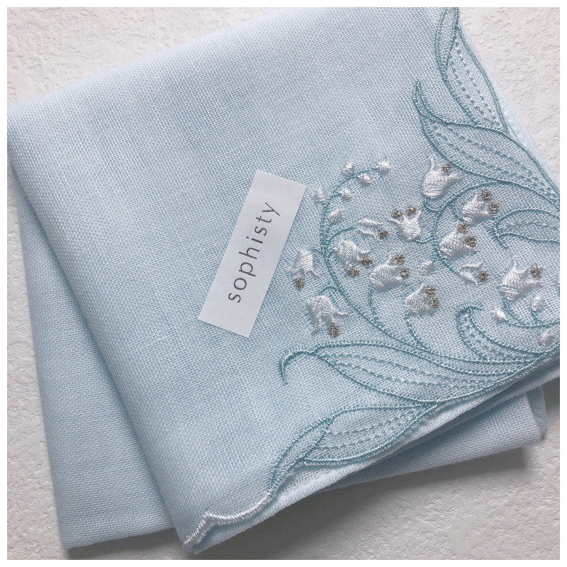 46cm包邮日本进口sophisty纯棉纱布铃兰刺绣手帕手绢柔软绣花淑女