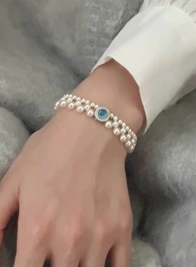 蒂奇轻奢法式仿珍珠手链女S925纯银高级感海蓝宝同款手饰品