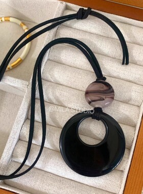时髦简约百搭 长款吊坠黑曜石月亮轻奢项链高级感极简黑绳毛衣链