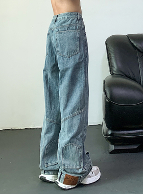 Street美式高街宽松阔腿倒装牛仔裤男复古小众设计感直筒反穿裤子