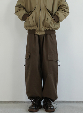 retroyouth秋冬日系复古阔腿垂感工装裤男女宽松直筒束脚休闲裤子