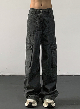 Street灰色工装裤男女美式废土风做旧洗褪多口袋阔腿裤休闲直筒裤