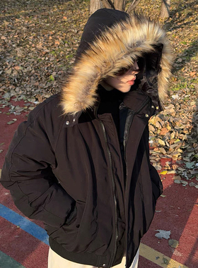 Street冬季美式复古毛领加厚保暖派克服外套男女宽松工装连帽棉衣