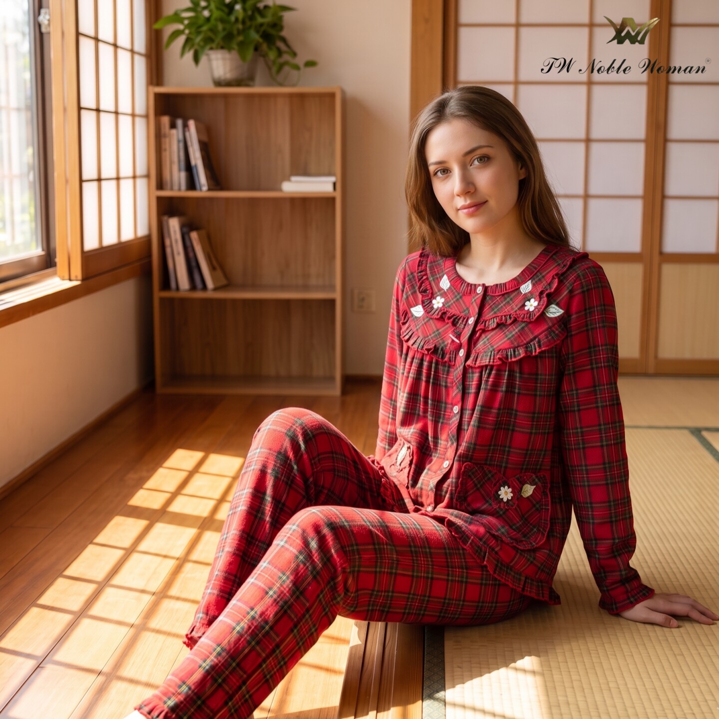 贵夫人纯棉小磨毛女格子睡衣套装