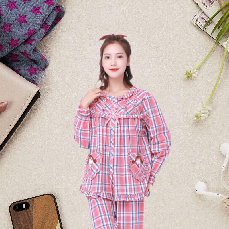 凯舒娜100%纯棉女粉色长袖长裤