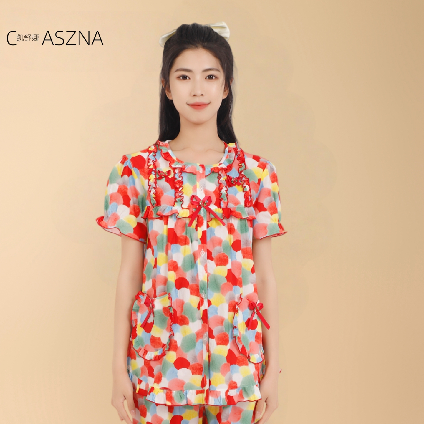 凯舒娜100%纯棉夏季睡衣圆点舒适经简约对襟甜美宽松短袖长裤