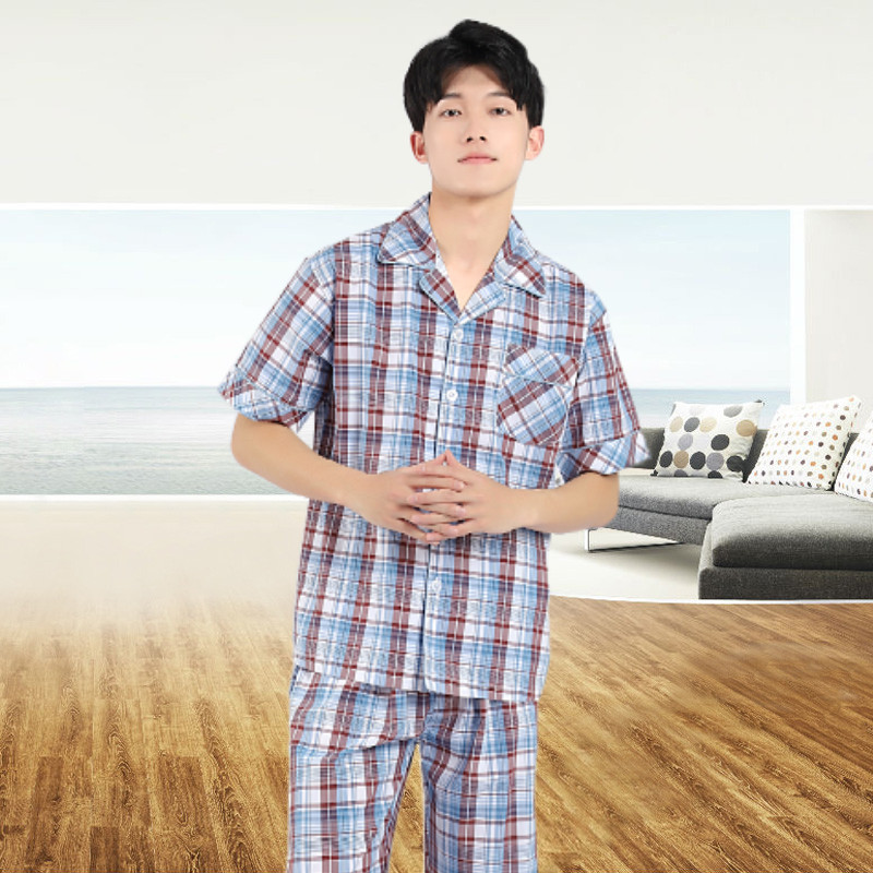 凯舒娜睡衣宽松夏季男士薄款圆领纯棉套装简约家居服短袖长裤格子