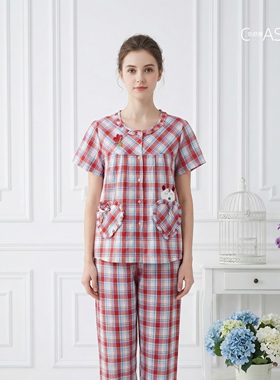 凯舒娜100%纯棉夏季睡衣格子简约对襟公仔经典红色款宽松短袖长裤