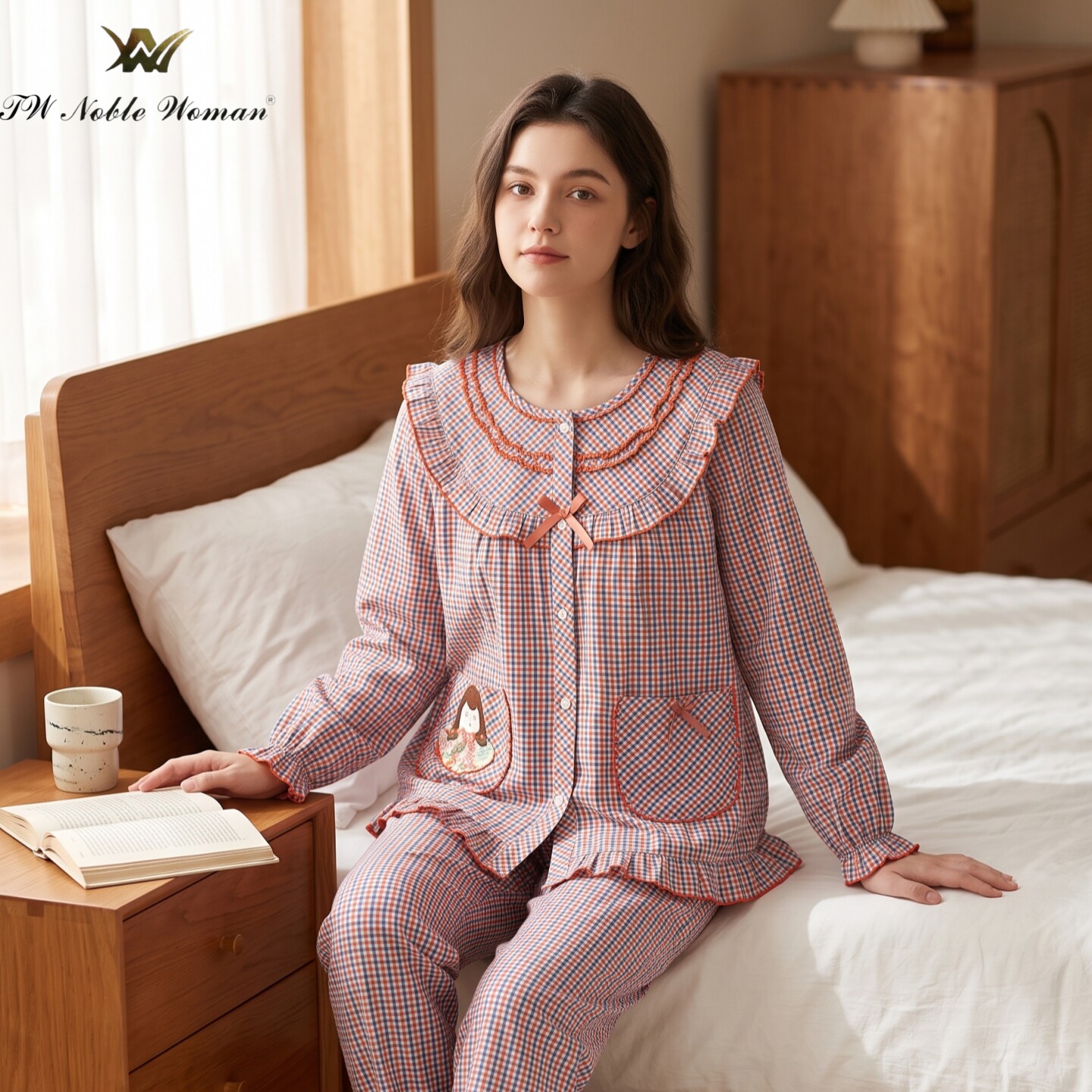 贵夫人纯棉格纹女睡衣家居服套装