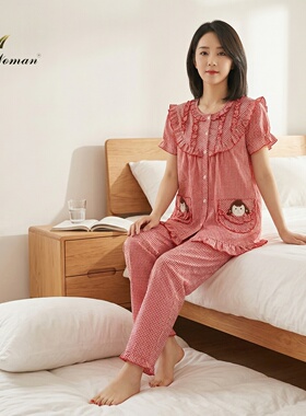 贵夫人红色格子套装纯棉梭织大码春夏圆领印花甜美对襟款短袖长裤