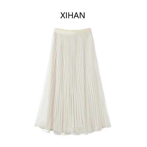 优雅气质重工百褶长裙网纱双层半裙松紧腰早春垂坠梨形半身伞裙女