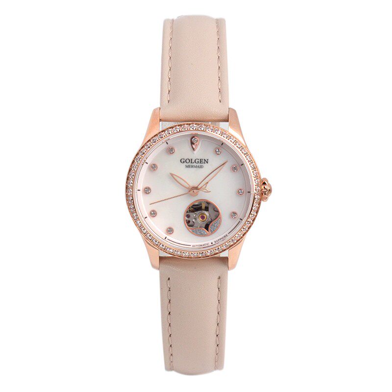 golgen/古尊全新款贝母镶钻镀金镂空皮带防水机械女手腕表 6162l