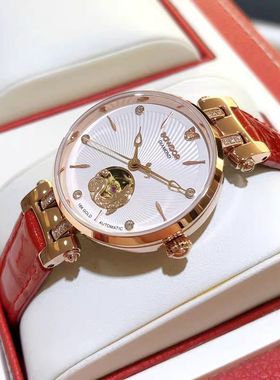 宝舵高颜值女士手表镂空18K金时尚机械表GG010L皮带真钻女表GG009