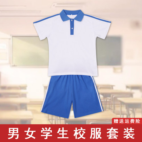 蓝白短袖上衣男女两道杠短裤班服