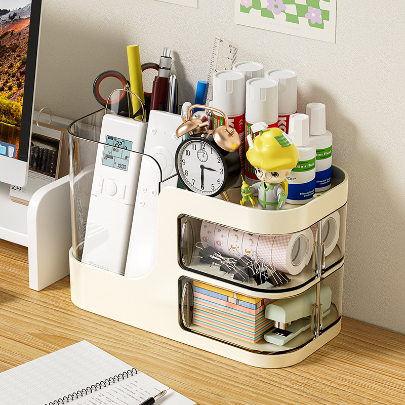 桌面笔筒收纳盒旋转抽屉式学生办公室书桌文具大容量置物架多功能