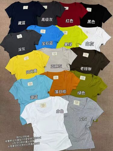 岳岳家559韩系百搭气质U领正肩短袖T恤衫女夏季新款显瘦纯色上衣