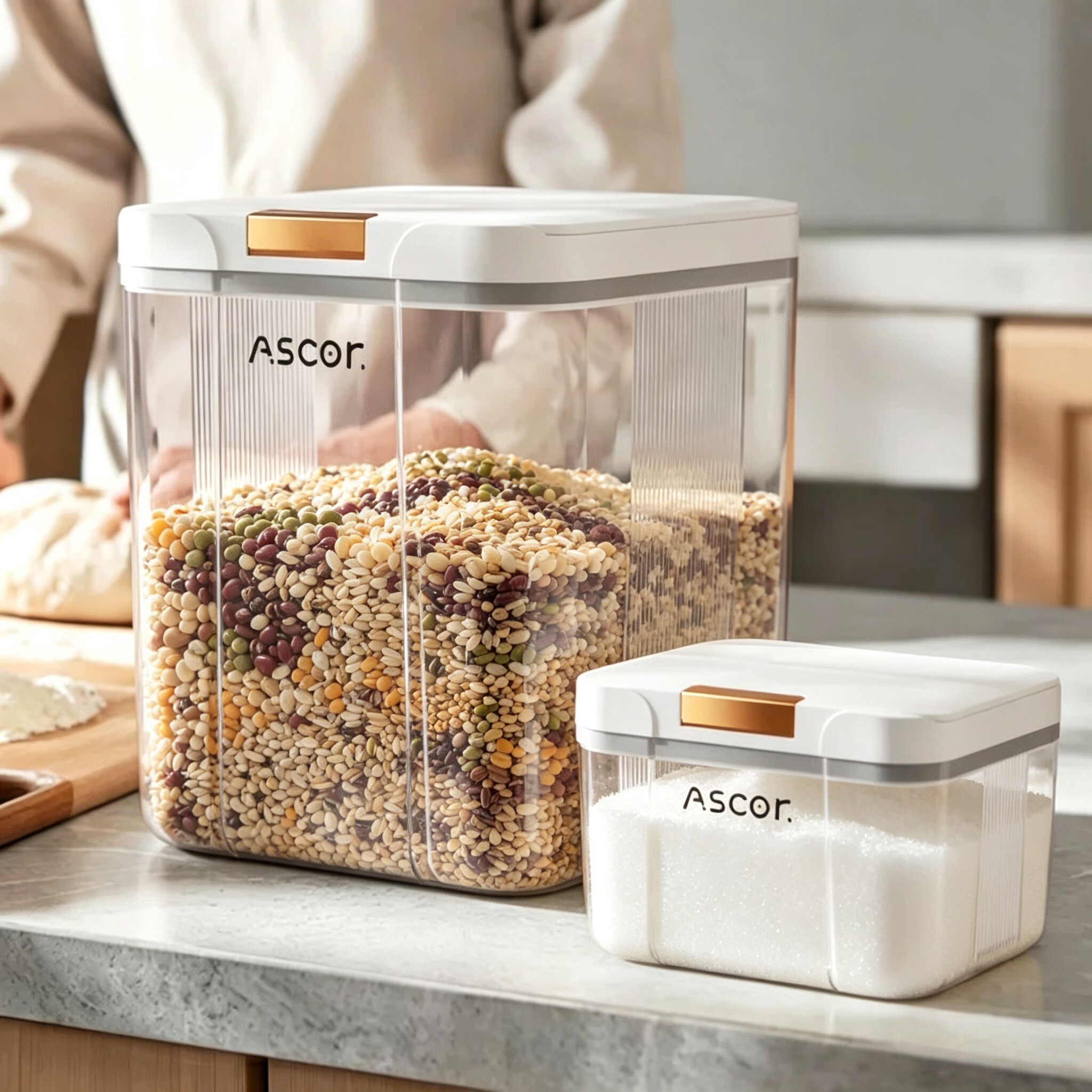 按压自动翻盖面粉桶大米淀粉白砂糖冰糖桶密封防潮防虫食物收纳盒