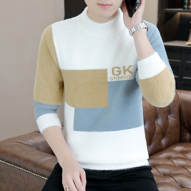 水貂绒毛衣男士冬季加厚半高领潮