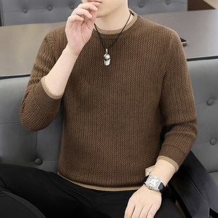 圆领针织打底衫 加厚粗线纯色毛衣男潮流修身 秋冬季 复古毛线衣男士