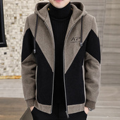 秋冬季 休闲连帽外套潮流毛呢大衣男加绒加厚貂绒上衣帅气呢子夹克