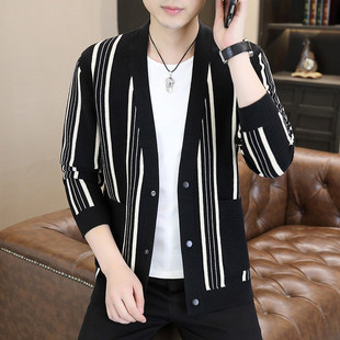 竖条纹针织开衫男款秋季潮牌V领毛衣外套男装时尚潮流薄款披风帅