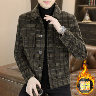 成熟稳重复古格子毛呢大衣男短款冬季加绒加厚翻领呢子夹克男外套