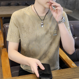 夏季新款男士冰丝短袖t恤潮牌高端圆领暗花透气半袖体恤衫男百搭