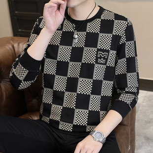 棋盘格子卫衣男春秋季圆领长袖打底衫成熟稳重内搭男士休闲上衣