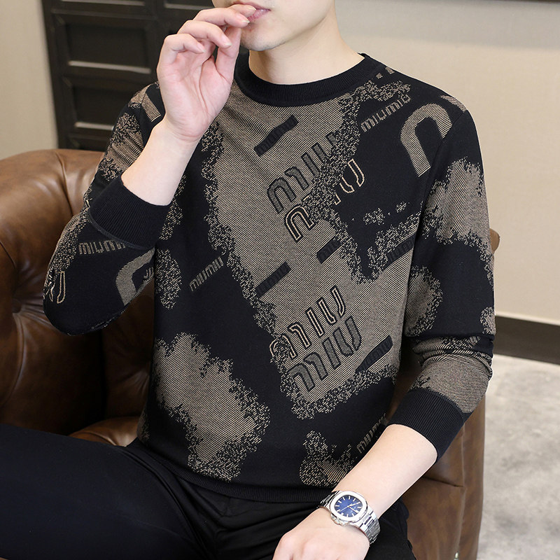 高档字母提花羊毛衫男秋冬季薄款圆领宽松毛衣男士长袖针织打底衫