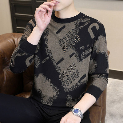 高档字母提花羊毛衫男秋冬季薄款