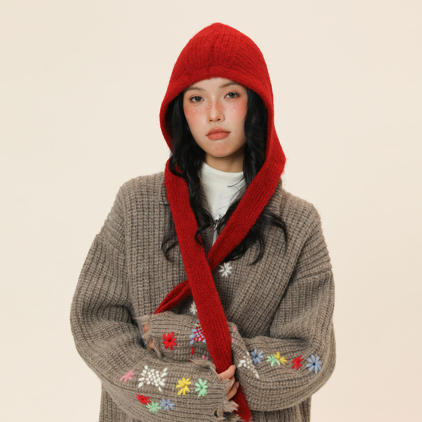 秋冬氛围感拍照神器红色针织帽