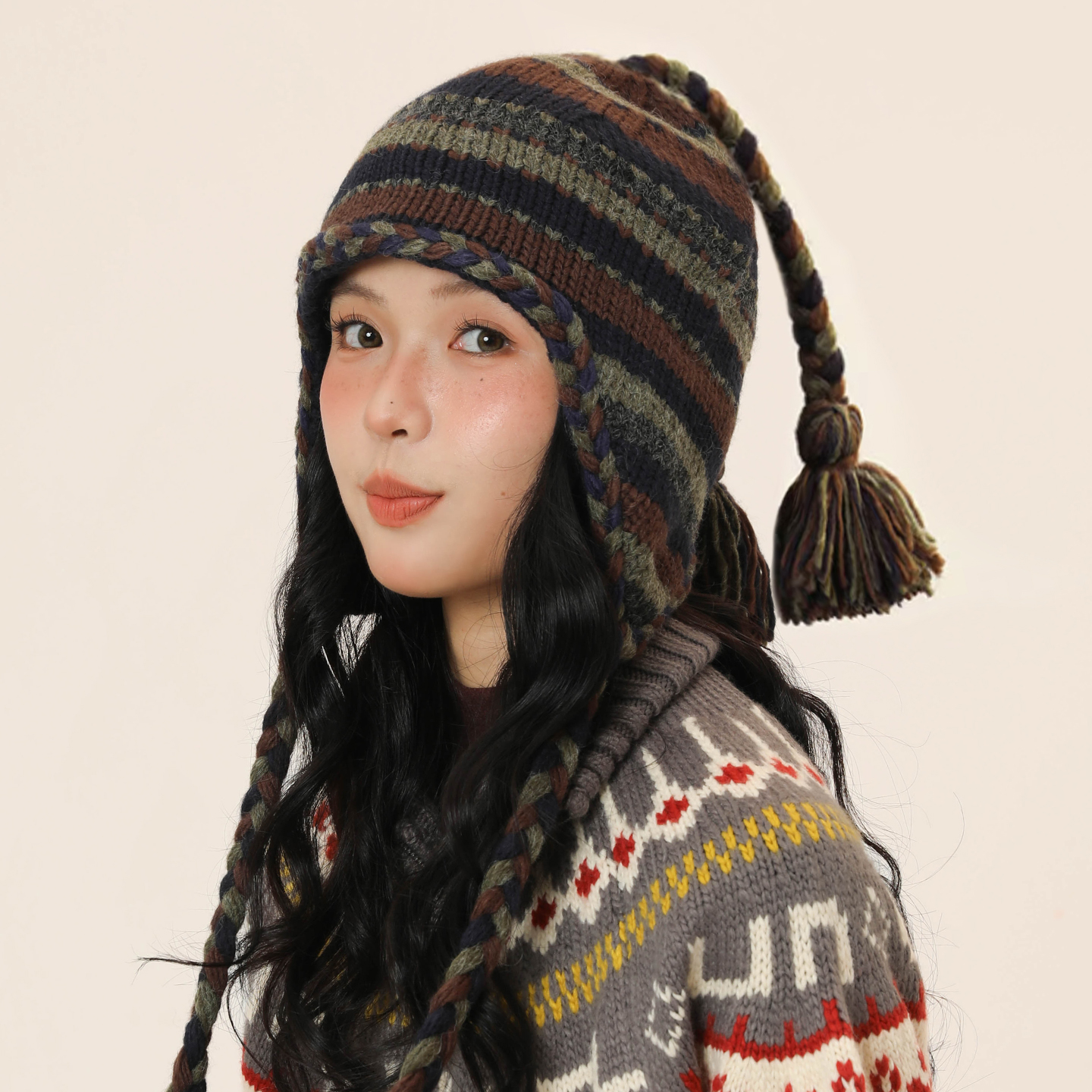 尼泊尔民族风手工针织辫子毛线帽