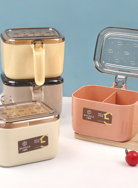 按压式双格一体调味盒防潮密封透明盖分格收纳盐鸡精调味料带勺子