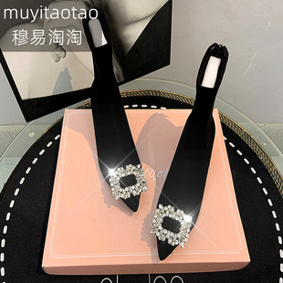 ins潮靴子气质高跟弹力瘦瘦靴女尖头黑色短靴水钻方扣时装靴大码