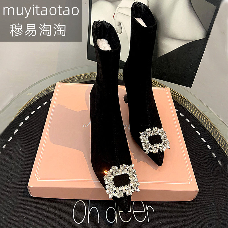 仙女风秋冬季靴子女2025新款性感高跟尖头水钻方扣弹力短靴瘦瘦,女鞋,弹力靴/袜靴,淘宝优惠券,粉丝福利购,淘宝优惠卷